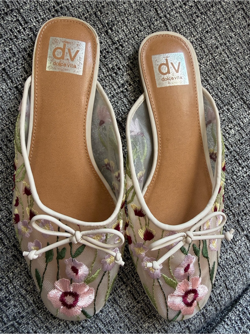Dolce Vita Pink Floral Embroidered Mules with White Trim